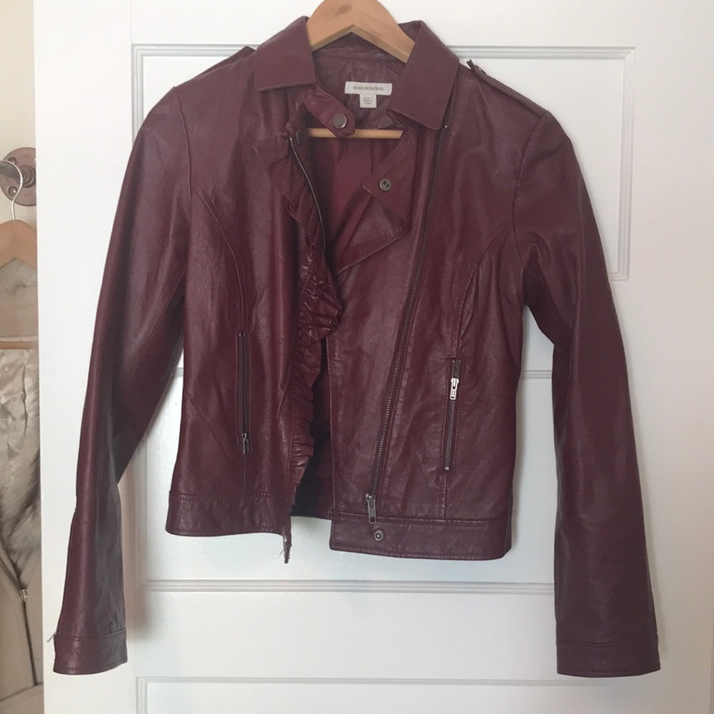 Boston Proper brand genuine leather burgundy moto jacket